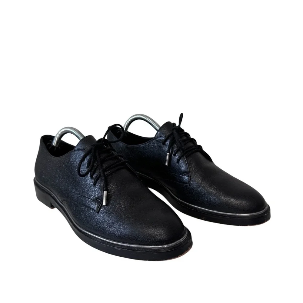 Black Leather Oxford Shoes Silver Trim Lace Up Dress Shoes Womens Low Block Heel